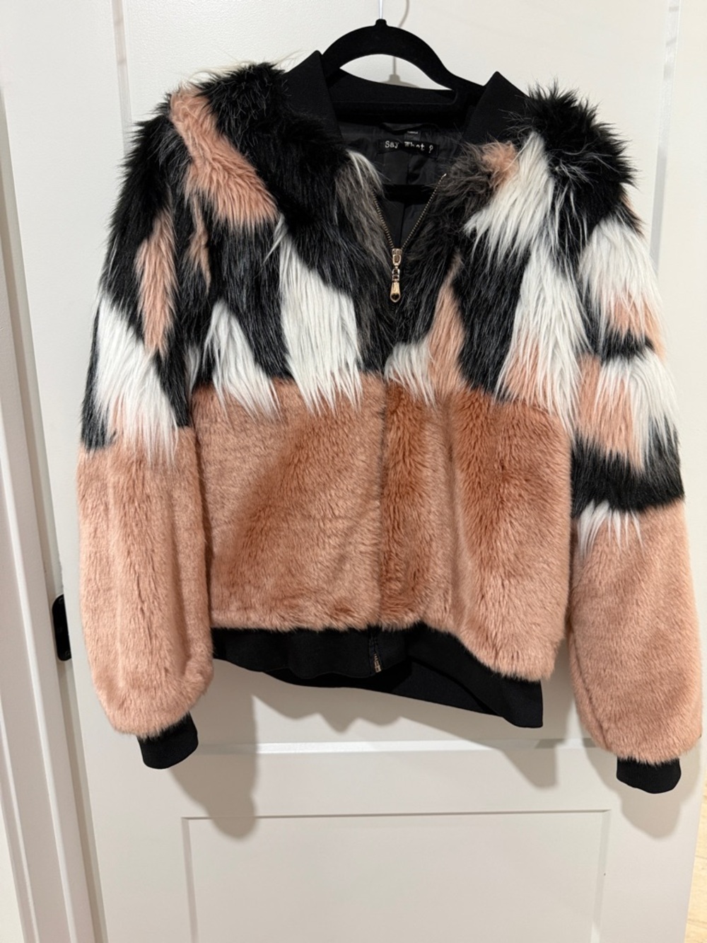 Say What? Faux Fur Colorblock Bomber Jacket in Blush, Black & White